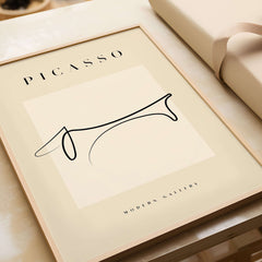 Picasso Dachshund Dog Line Art Minimalist Animal Poster Modern Gallery Print displayed in a stylish frame.