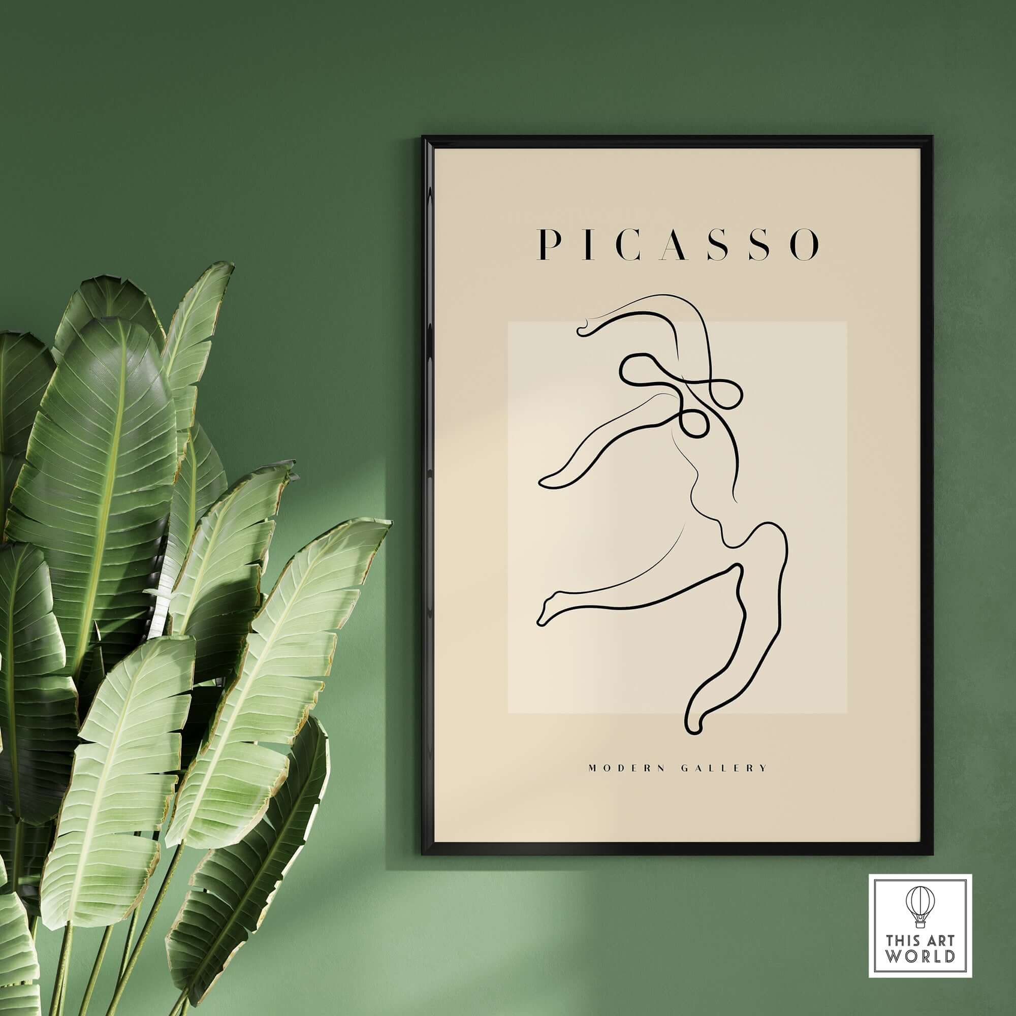 Picasso Dancing Figure Line Art Abstract Motion Poster Modern Gallery Print on a wall with lush green plants.