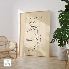 Picasso Dancing Figure Line Art Abstract Motion Poster Modern Gallery Print displayed in a stylish interior with a plant.