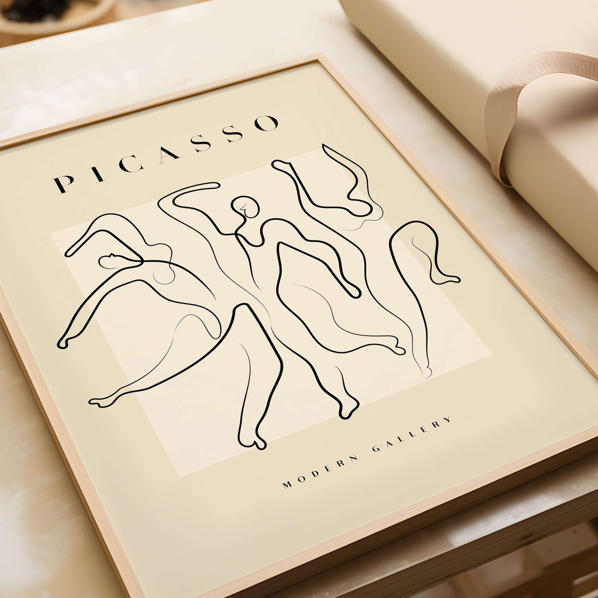 Picasso Dancing Figures Line Art Abstract Minimalist Poster Modern Gallery Print displayed in a stylish frame.