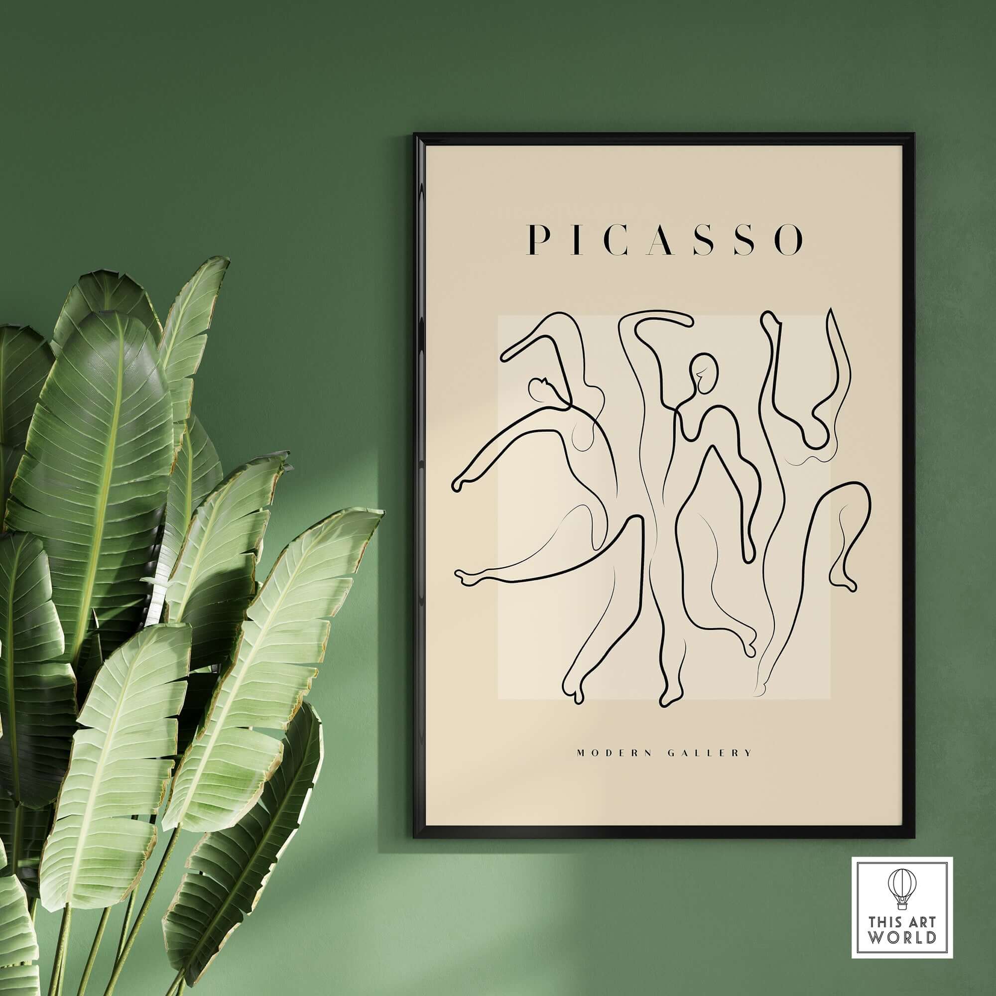 Picasso Dancing Figures Line Art Abstract Minimalist Poster Modern Gallery Print on a beige background with green plant.