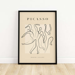 Picasso Dancing Figures Line Art Abstract Minimalist Poster Modern Gallery Print featuring dynamic black lines on beige.