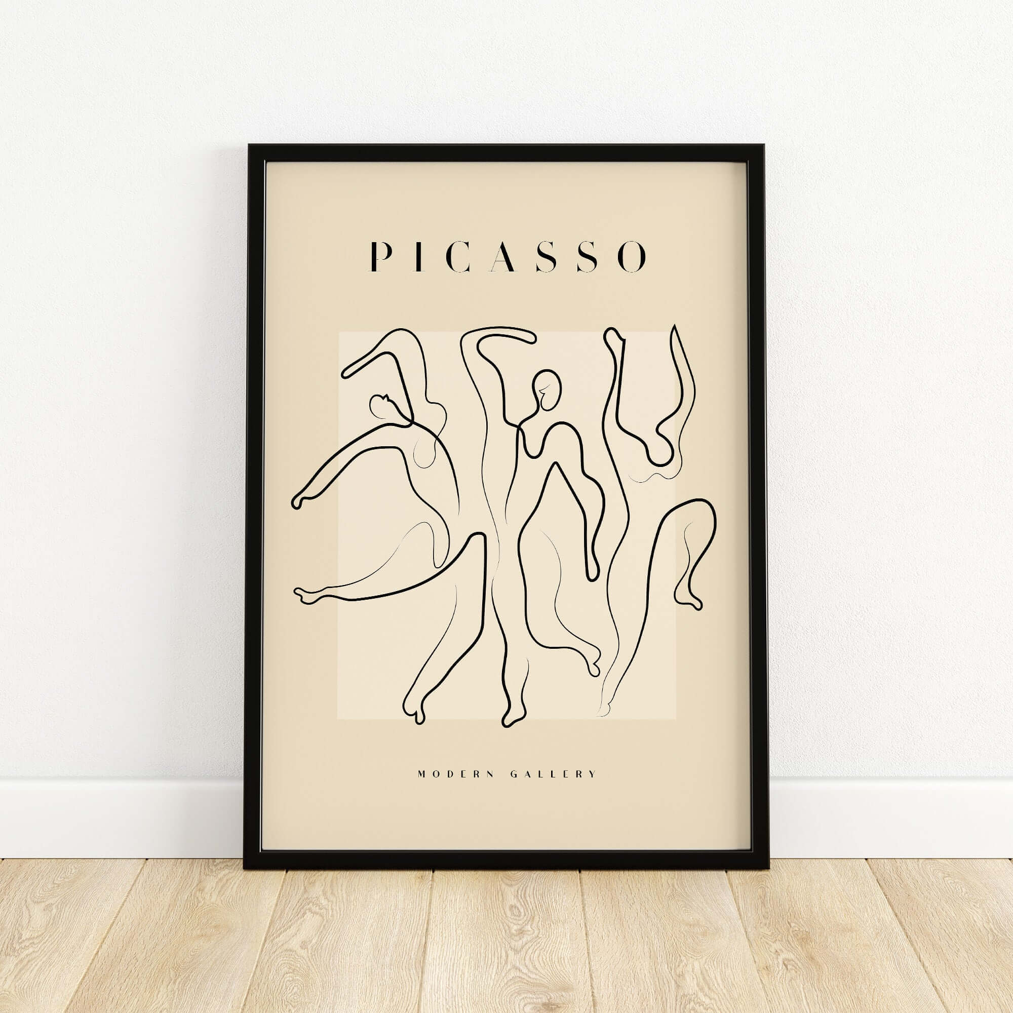 Picasso Dancing Figures Line Art Abstract Minimalist Poster Modern Gallery Print featuring dynamic black lines on beige.