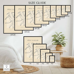 Size guide for Picasso Dancing Figures Line Art Abstract Minimalist Poster Modern Gallery Print in various dimensions.