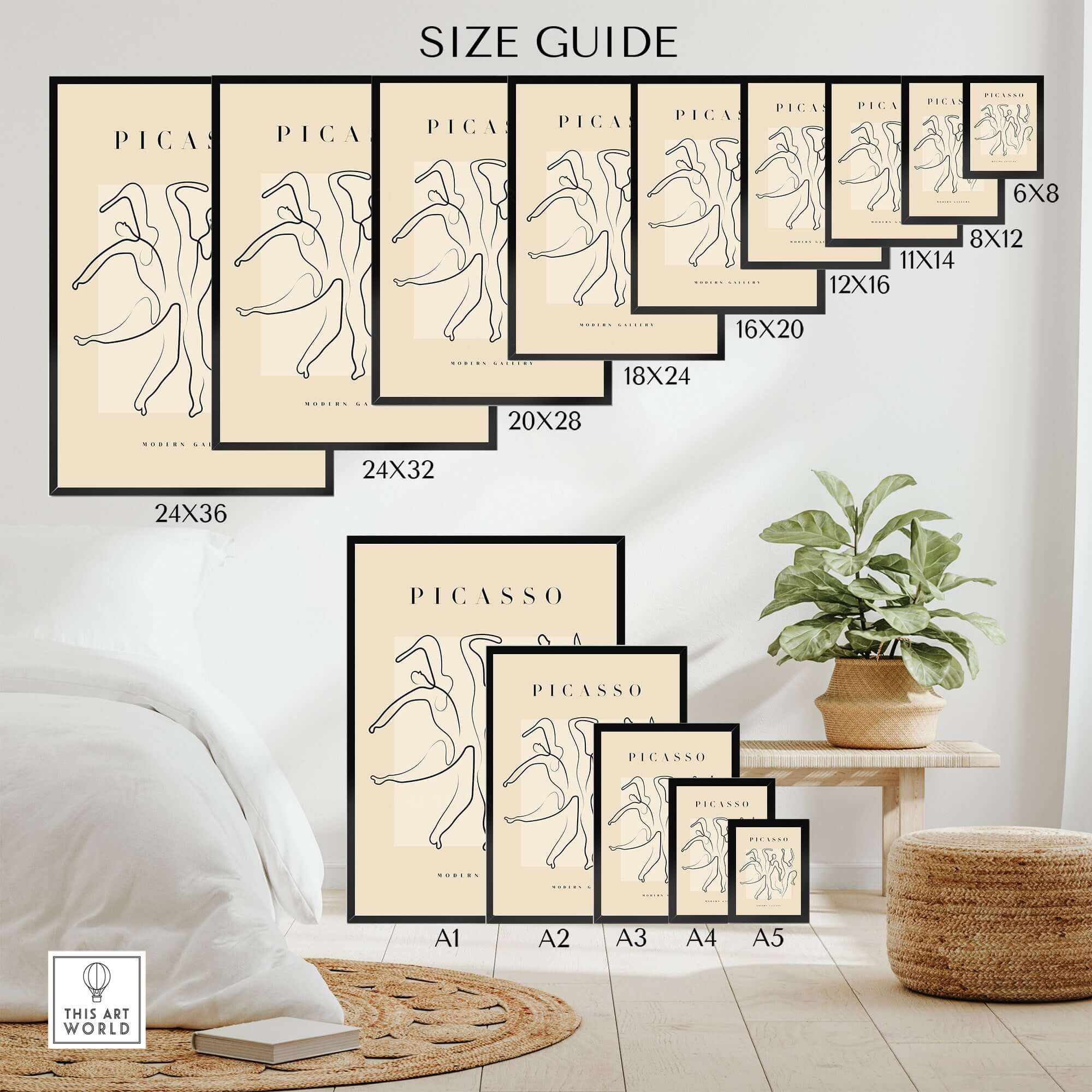 Size guide for Picasso Dancing Figures Line Art Abstract Minimalist Poster Modern Gallery Print in various dimensions.