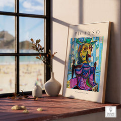 Picasso Dora Maar Armchair 1939 Portrait Print Cubist Seated Woman Poster Art displayed in a bright interior.