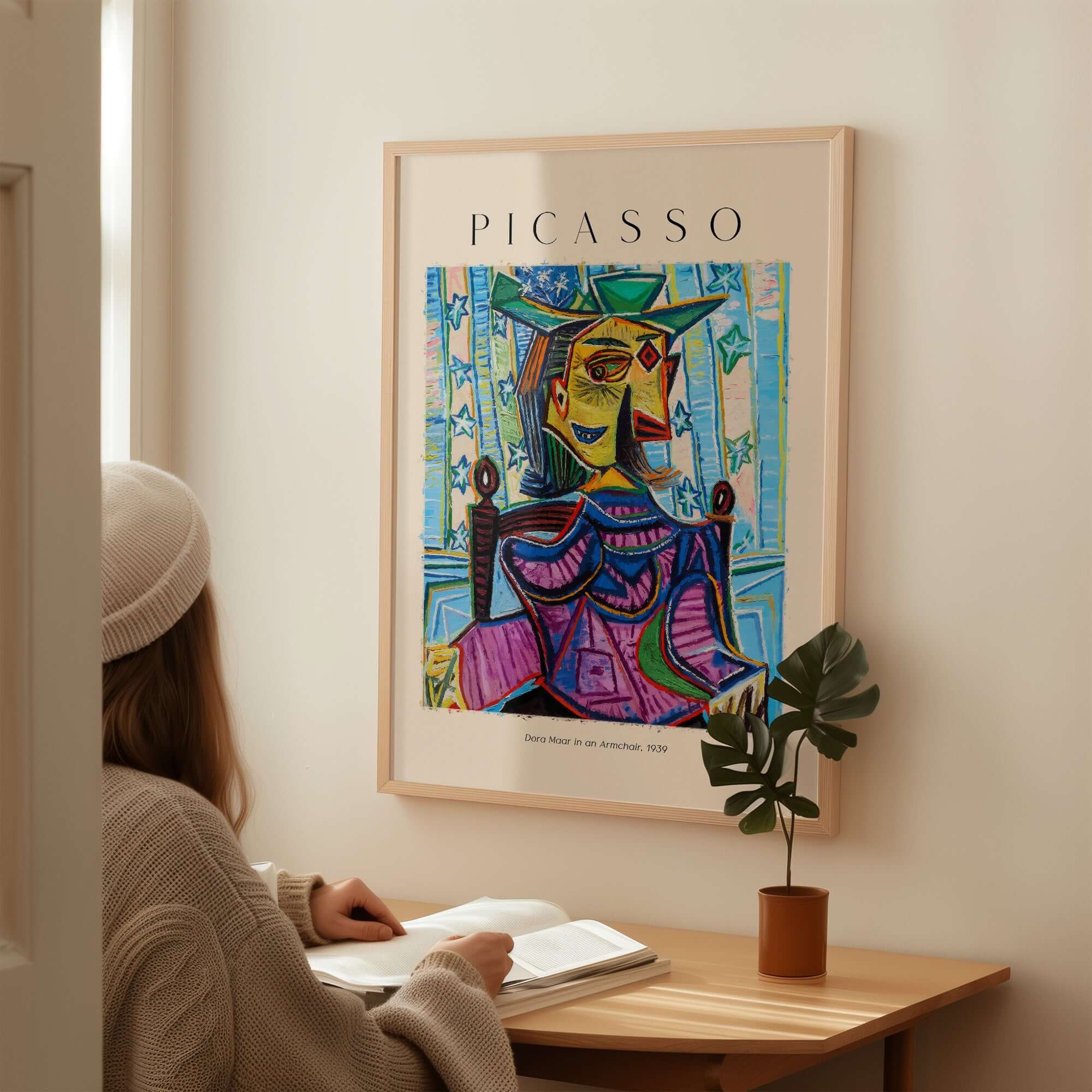 Picasso Dora Maar Armchair 1939 Portrait Print Cubist Seated Woman Poster Art displayed in a stylish interior setting.