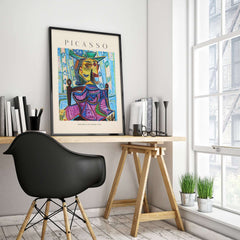 Picasso Dora Maar Armchair 1939 Portrait Print Cubist Seated Woman Poster Art displayed in a modern workspace.