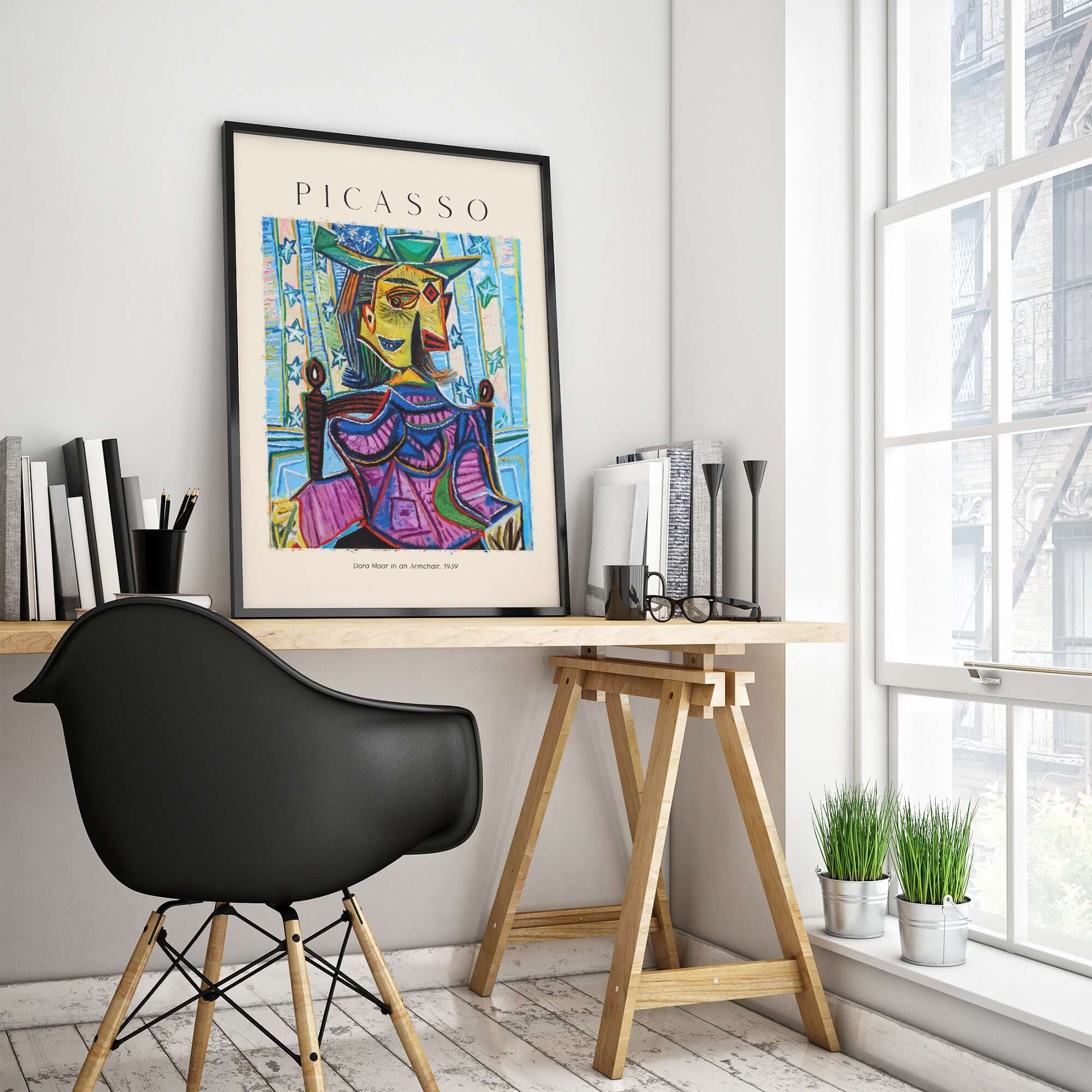 Picasso Dora Maar Armchair 1939 Portrait Print Cubist Seated Woman Poster Art displayed in a modern workspace.