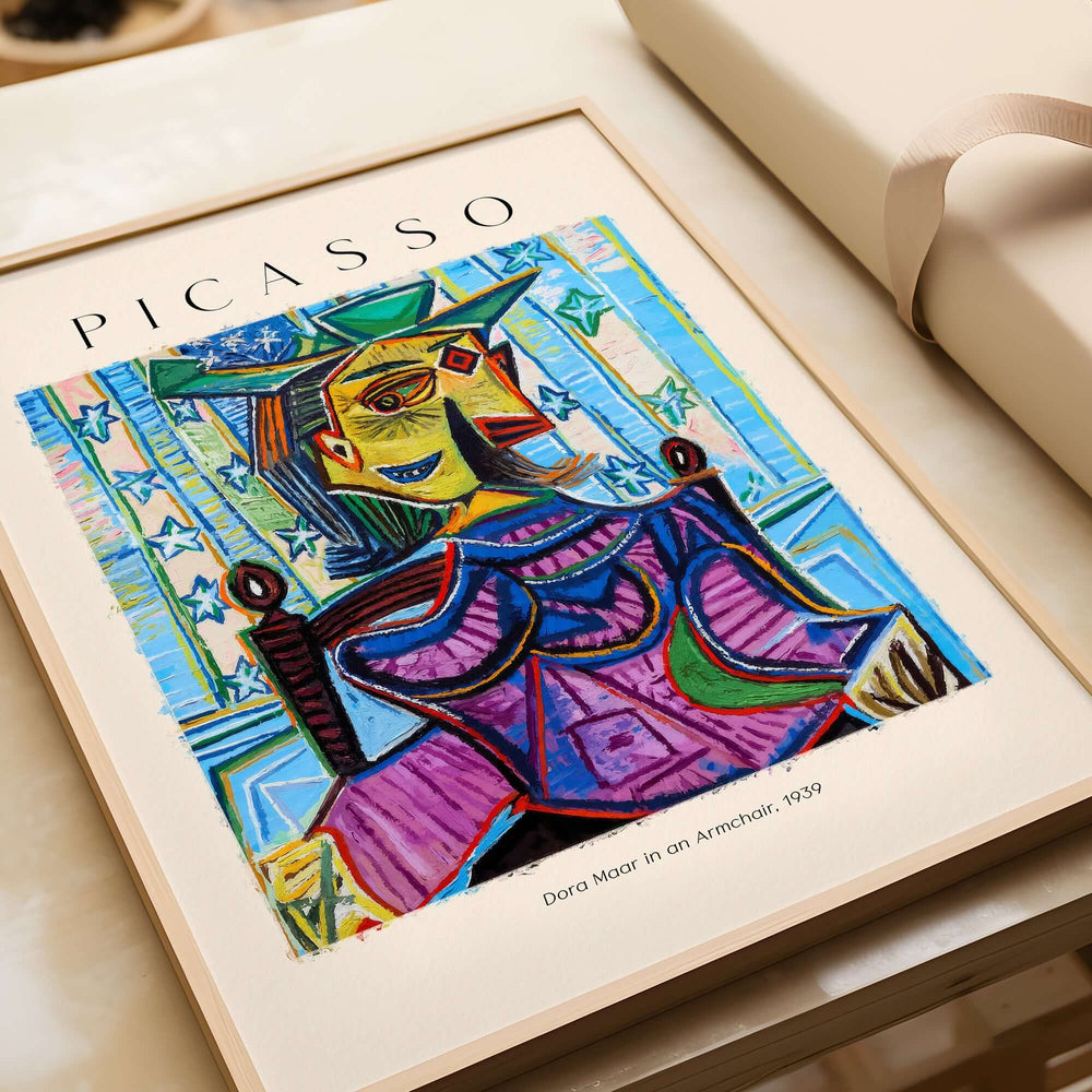 Picasso Dora Maar Armchair 1939 Portrait Print Cubist Seated Woman Poster Art with colorful abstract portrait.