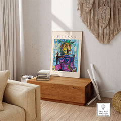 Picasso Dora Maar Armchair 1939 Portrait Print Cubist Seated Woman Poster Art displayed in a stylish living room.