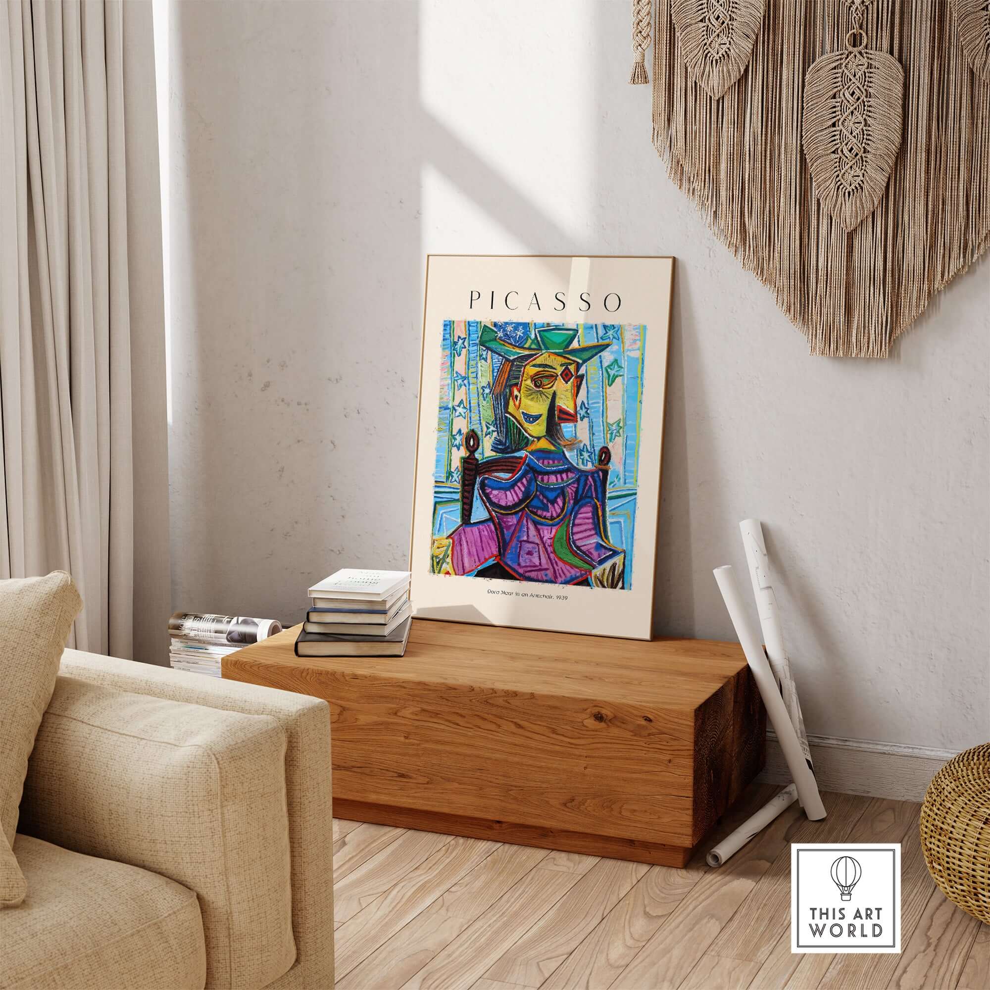 Picasso Dora Maar Armchair 1939 Portrait Print Cubist Seated Woman Poster Art displayed in a stylish living room.