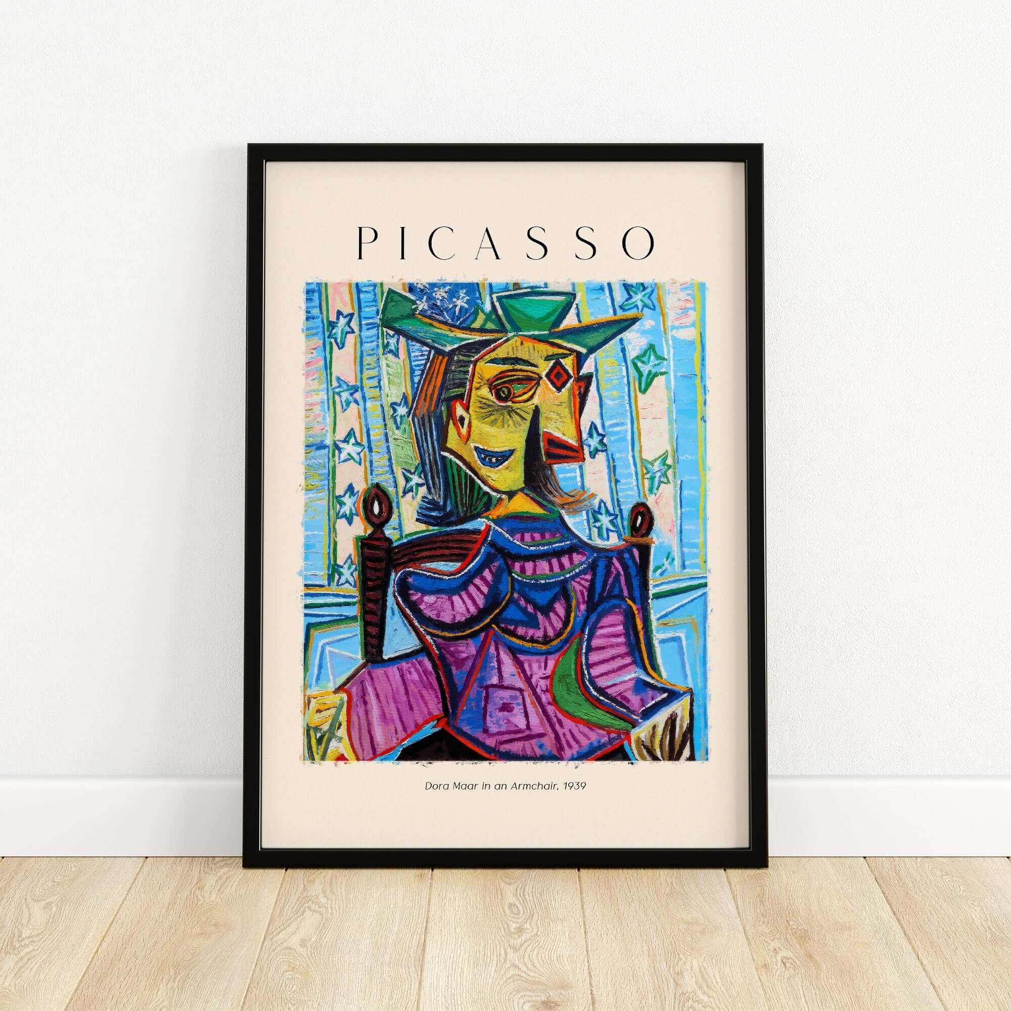Picasso Dora Maar Armchair 1939 Portrait Print Cubist Seated Woman Poster Art displayed in a black frame.