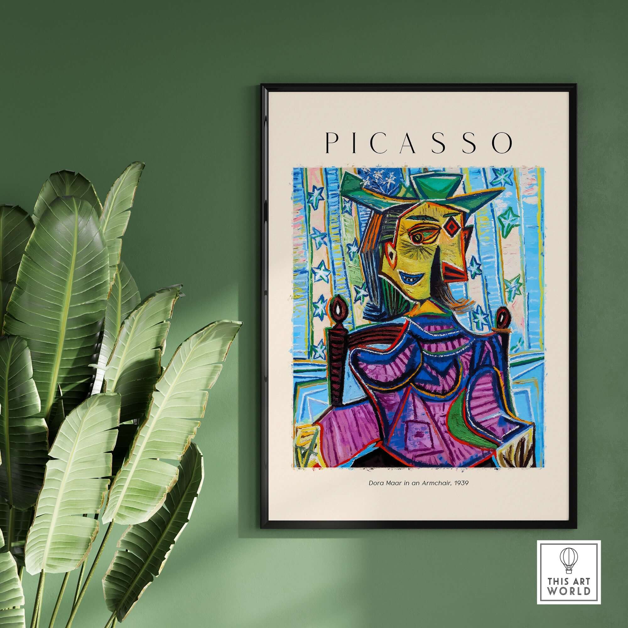 Picasso Dora Maar Armchair 1939 Portrait Print Cubist Seated Woman Poster Art displayed on wall with greenery.