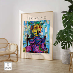 Picasso Dora Maar Armchair 1939 Portrait Print Cubist Seated Woman Poster Art displayed in a modern interior setting.