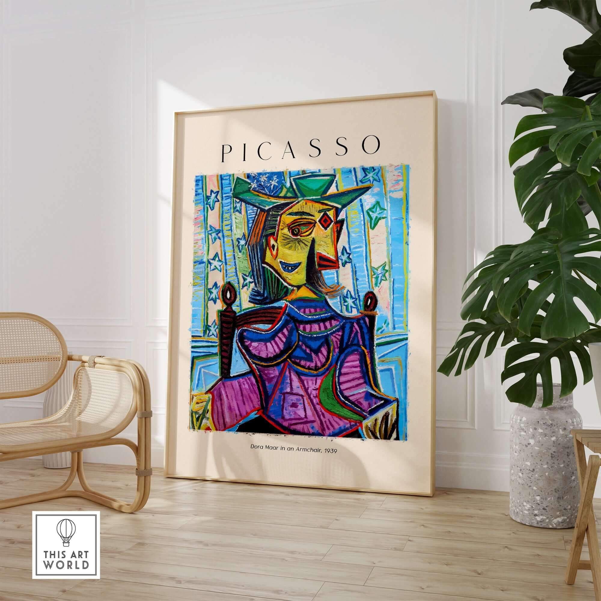 Picasso Dora Maar Armchair 1939 Portrait Print Cubist Seated Woman Poster Art displayed in a modern interior setting.