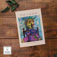 Picasso Dora Maar Armchair 1939 Portrait Print Cubist Seated Woman Poster Art displayed on wooden table.