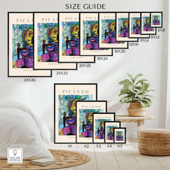 Size guide for Picasso Dora Maar Armchair 1939 Portrait Print Cubist Seated Woman Poster Art in multiple frame sizes.