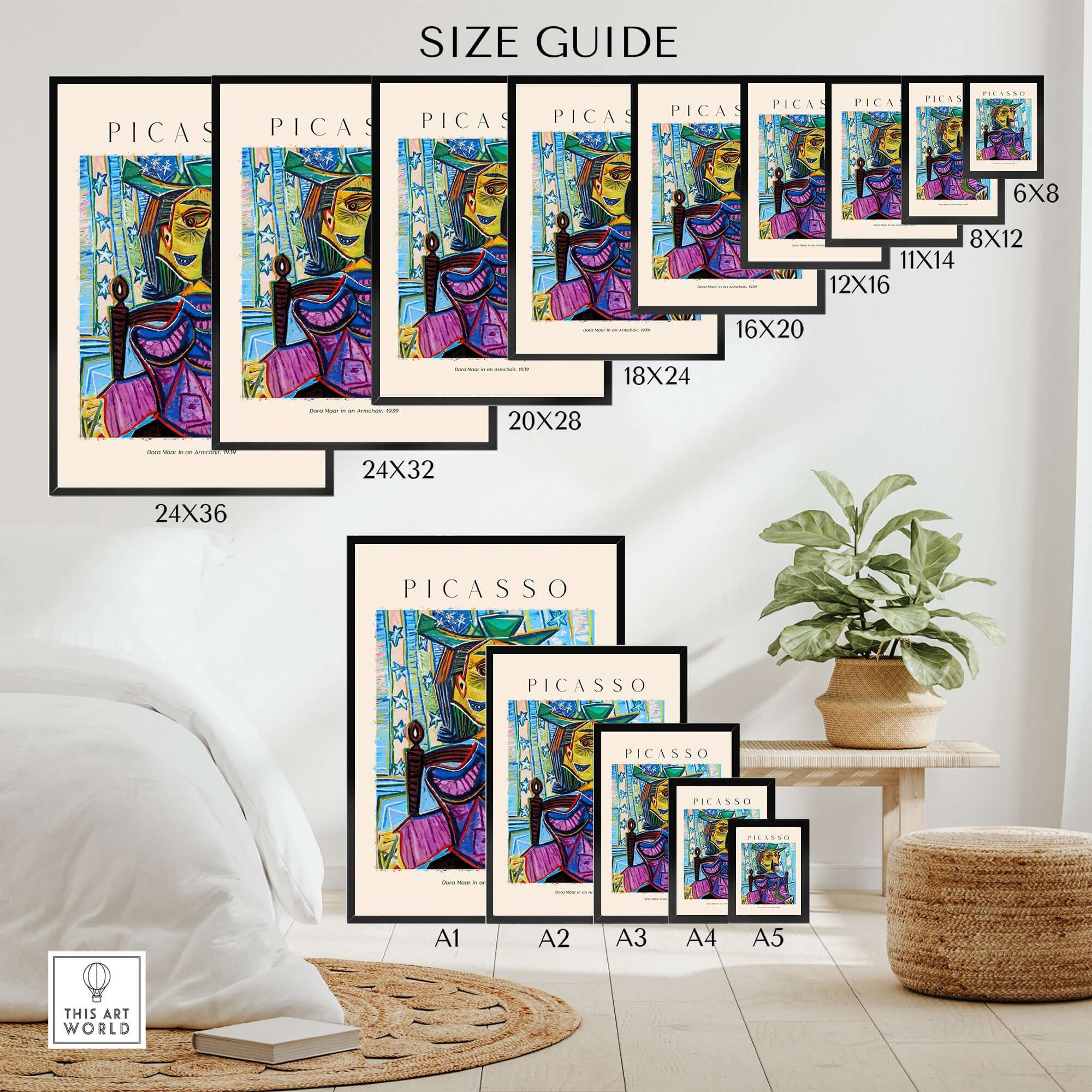 Size guide for Picasso Dora Maar Armchair 1939 Portrait Print Cubist Seated Woman Poster Art in multiple frame sizes.