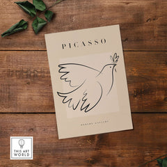 Picasso Dove of Peace Olive Branch Line Art Poster Modern Gallery Print featuring a minimalist dove illustration on beige background.