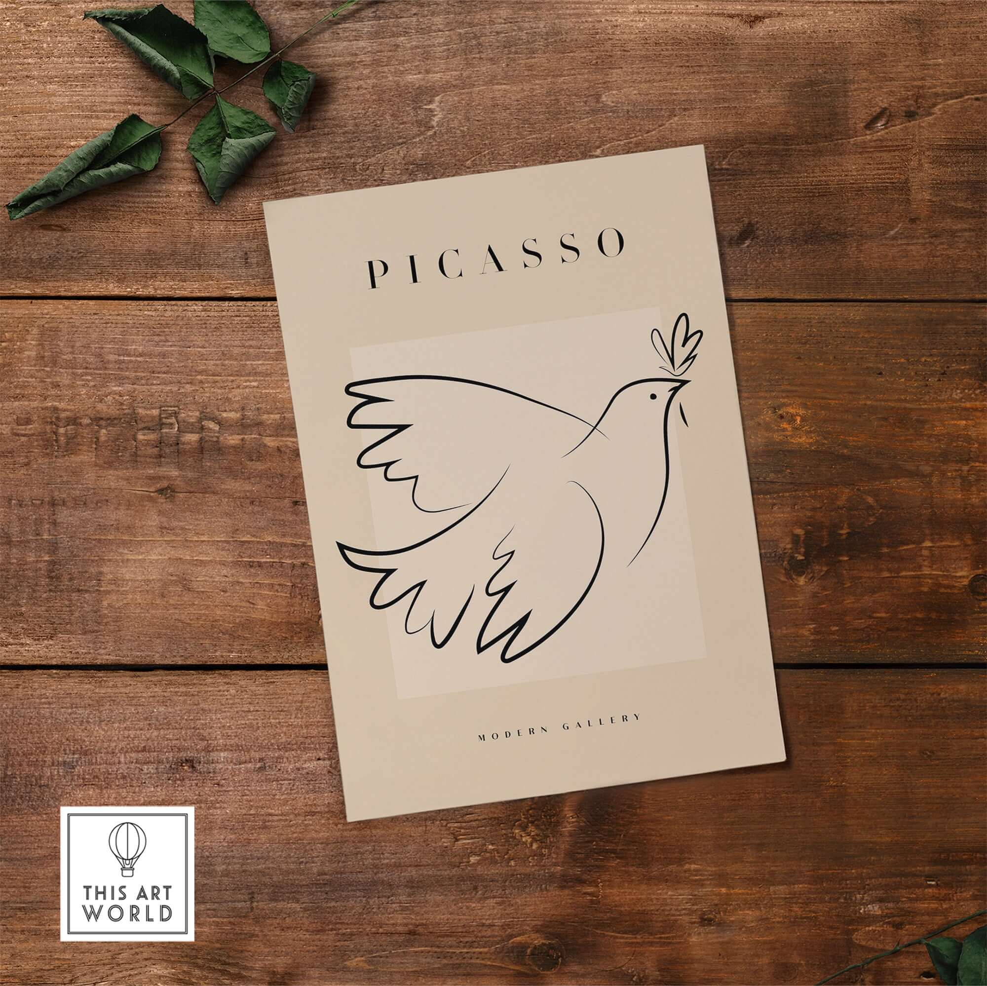 Picasso Dove of Peace Olive Branch Line Art Poster Modern Gallery Print featuring a minimalist dove illustration on beige background.