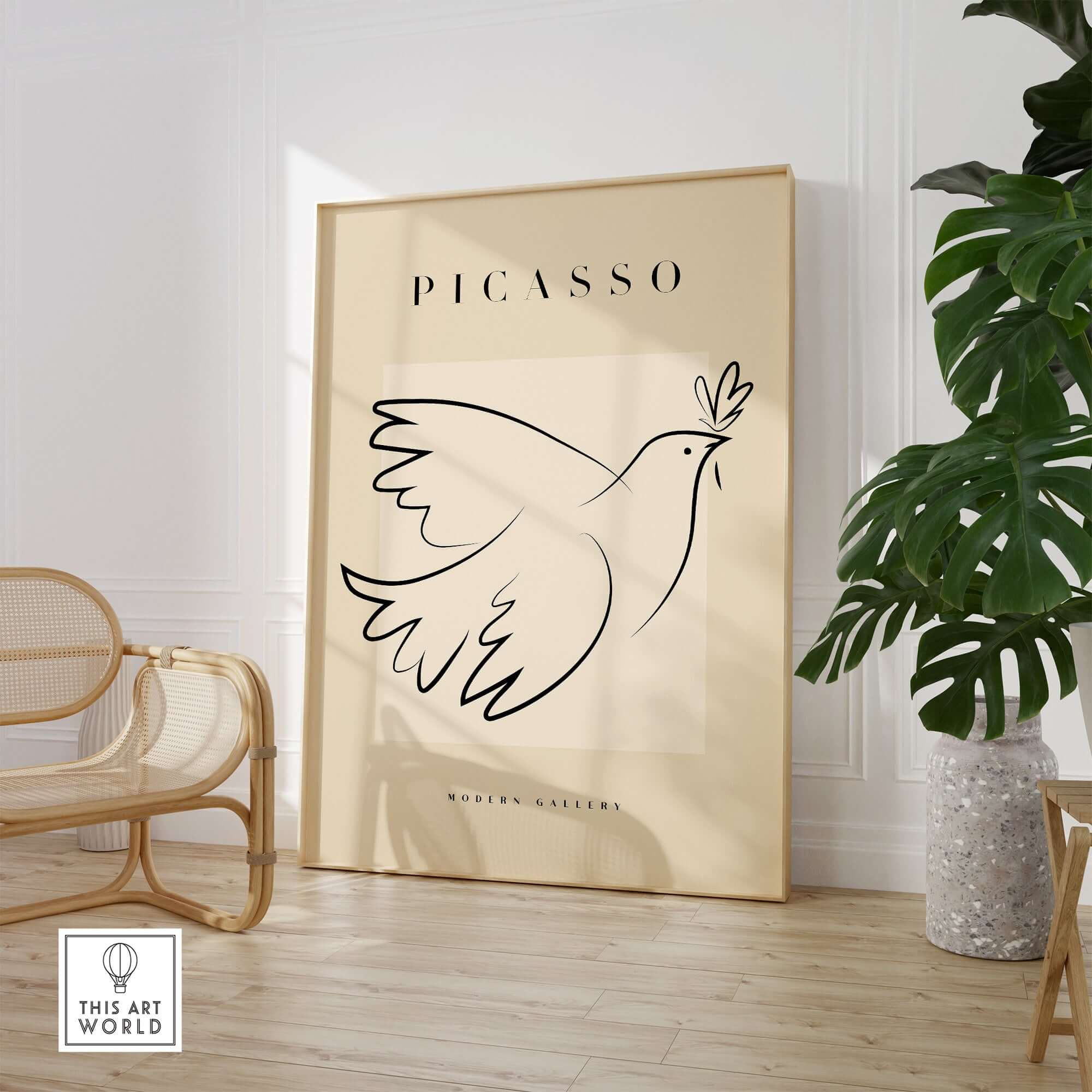 Picasso Dove of Peace Olive Branch Line Art Poster Modern Gallery Print featuring minimalist dove artwork and neutral background.