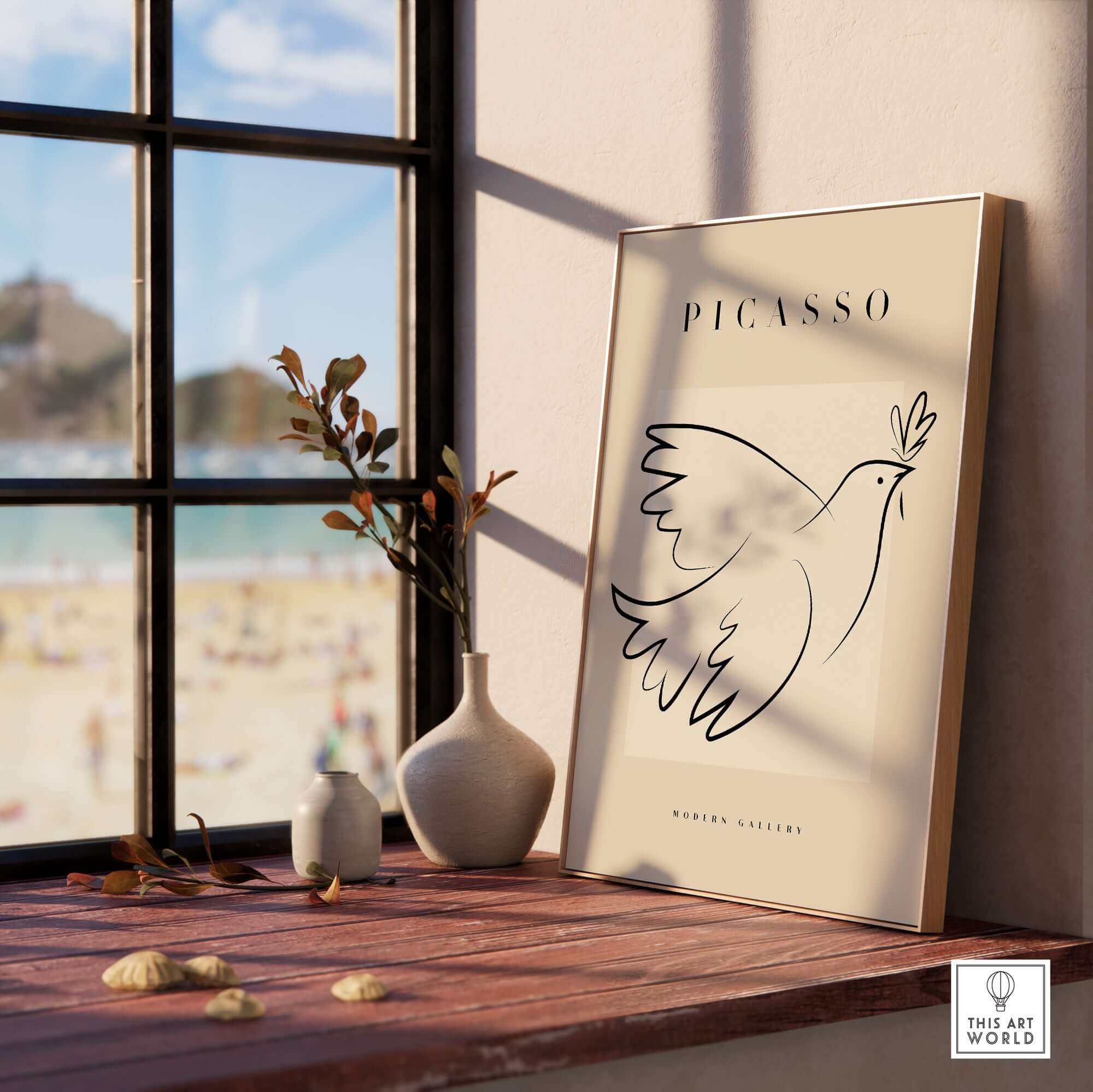 Picasso Dove of Peace Olive Branch Line Art Poster Modern Gallery Print displayed on a windowsill with beach view.
