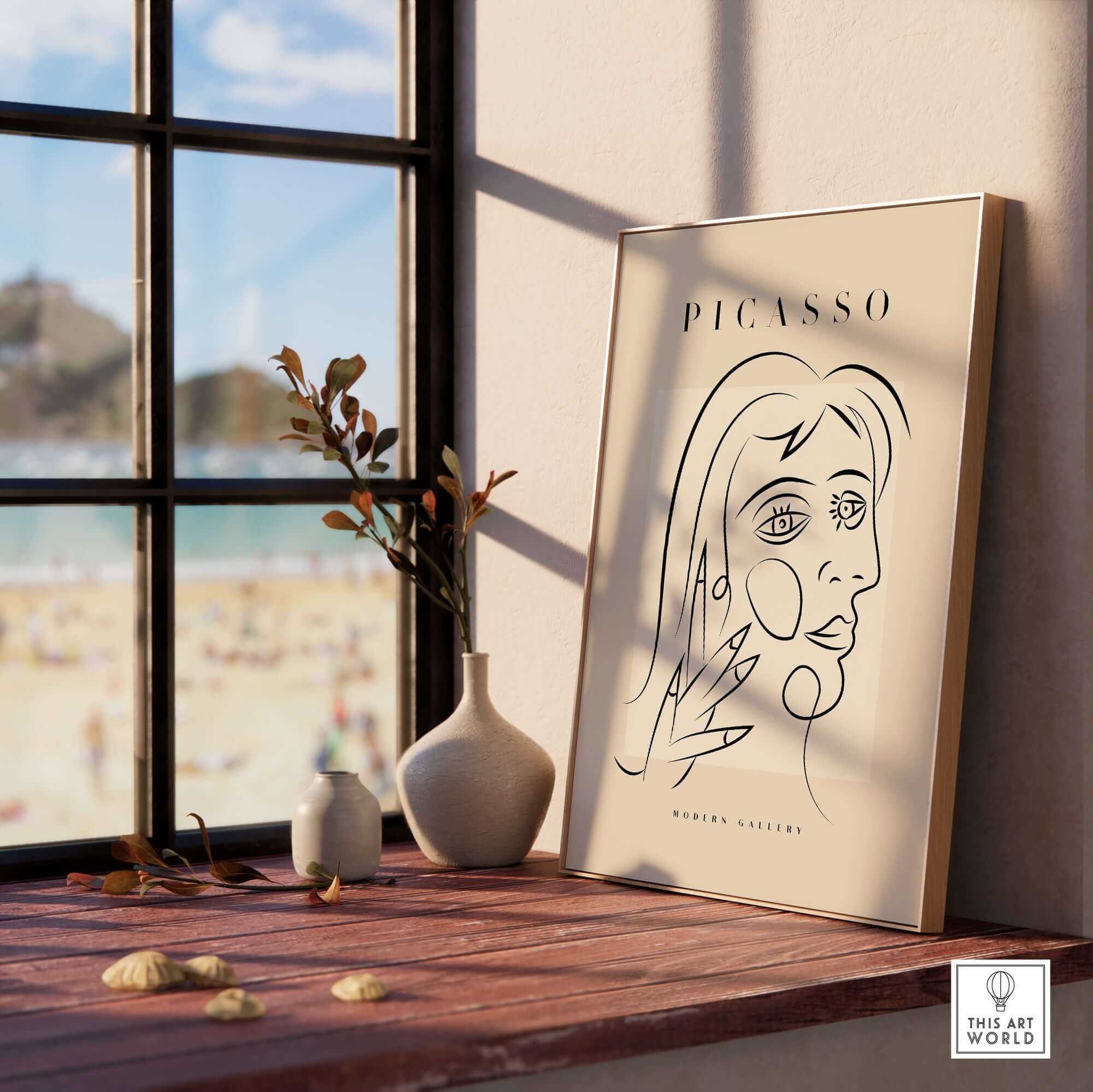 Picasso Face Profile Abstract Woman Line Art Modern Gallery Poster Wall Art displayed on a windowsill with beach view.