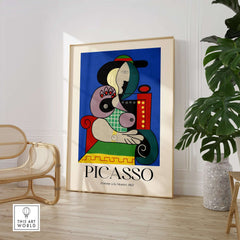 Picasso Femme a la Montre Woman Watch 1967 Art Print Cubist Poster Colorful Wall Art displayed in a modern interior setting.