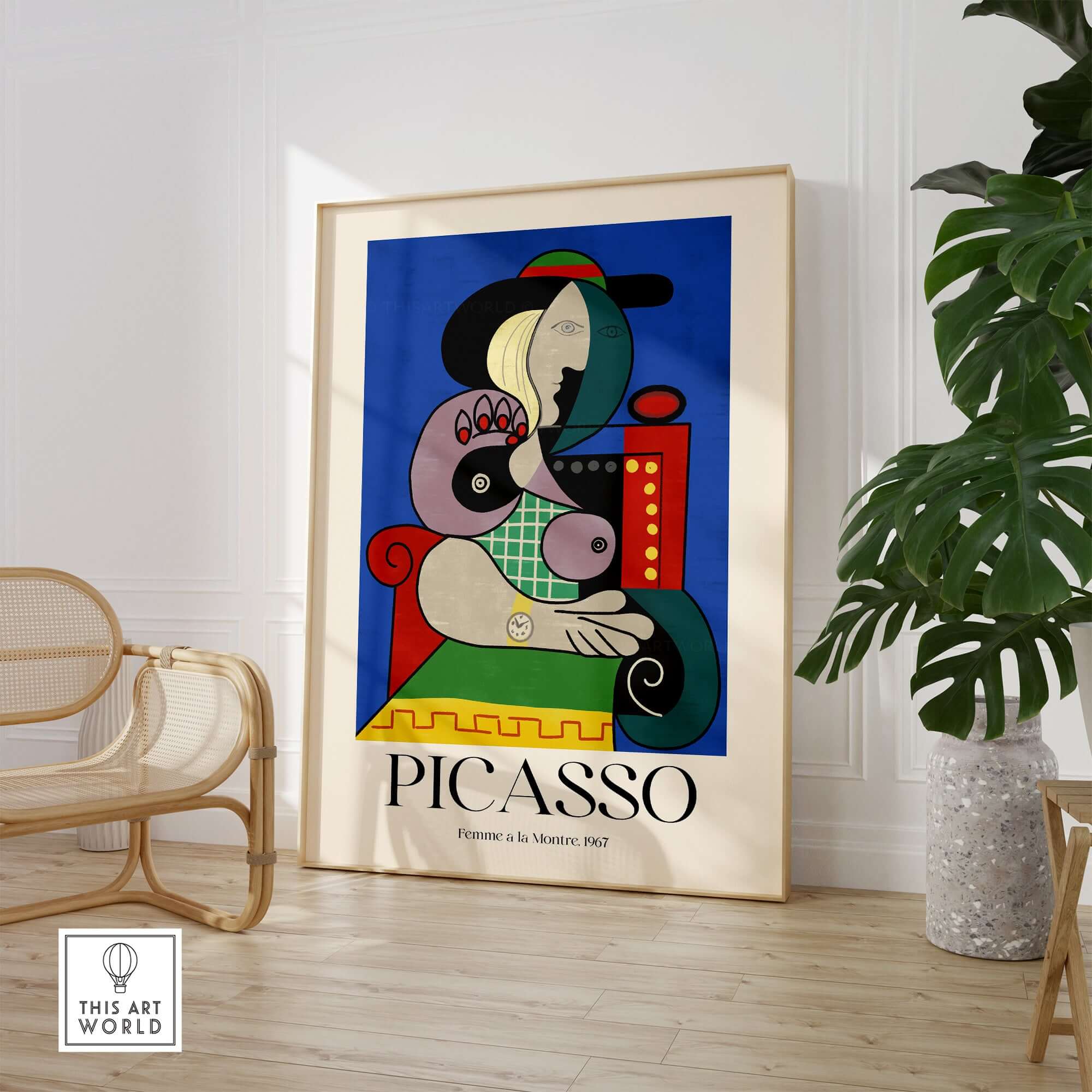 Picasso Femme a la Montre Woman Watch 1967 Art Print Cubist Poster Colorful Wall Art displayed in a modern interior setting.