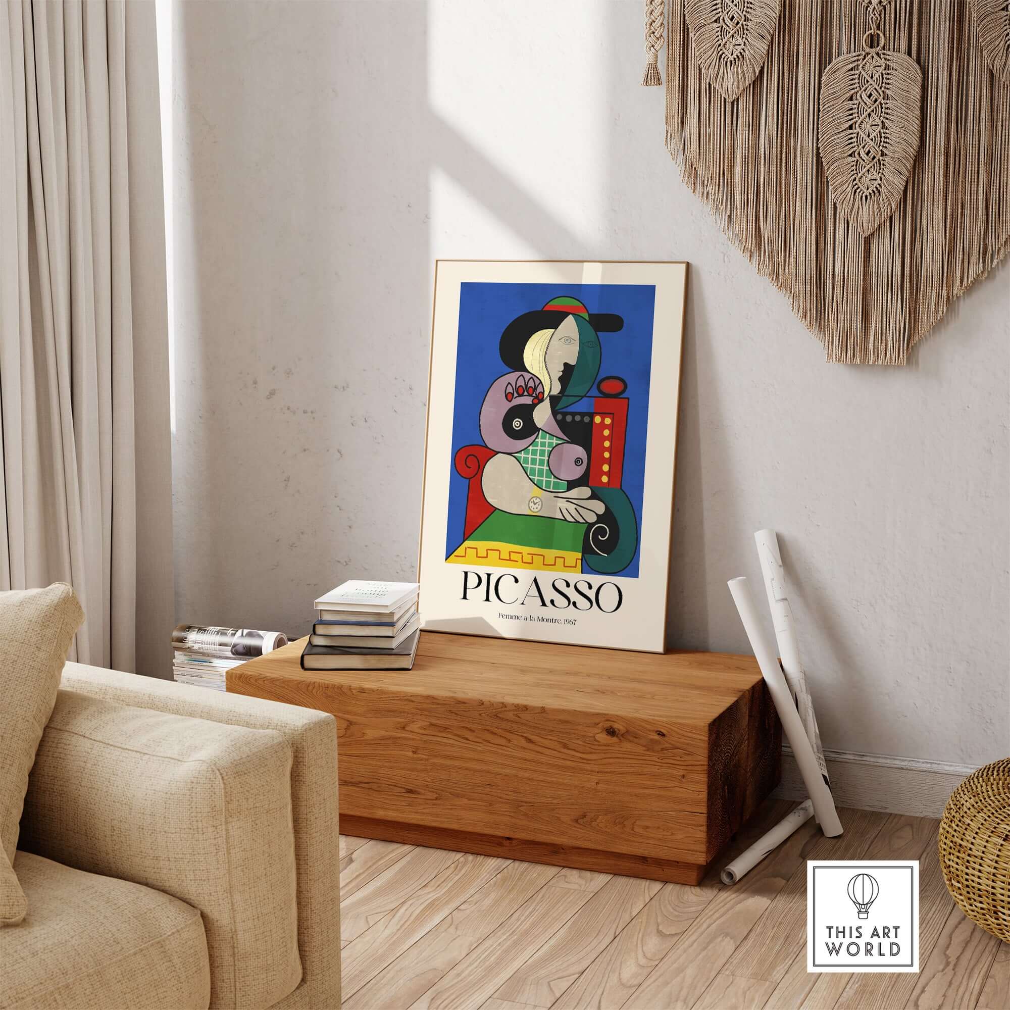 Picasso Femme a la Montre Woman Watch 1967 Art Print Cubist Poster Colorful Wall Art displayed in a modern living room.