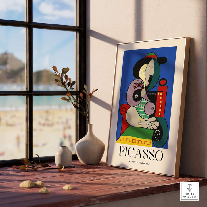 Colorful Picasso 'Femme à la Montre' 1967 art print in a modern setting with beach view.