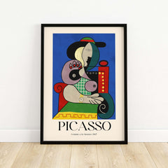 Picasso Femme a la Montre Woman Watch 1967 Art Print Cubist Poster Colorful Wall Art displayed in a black frame.