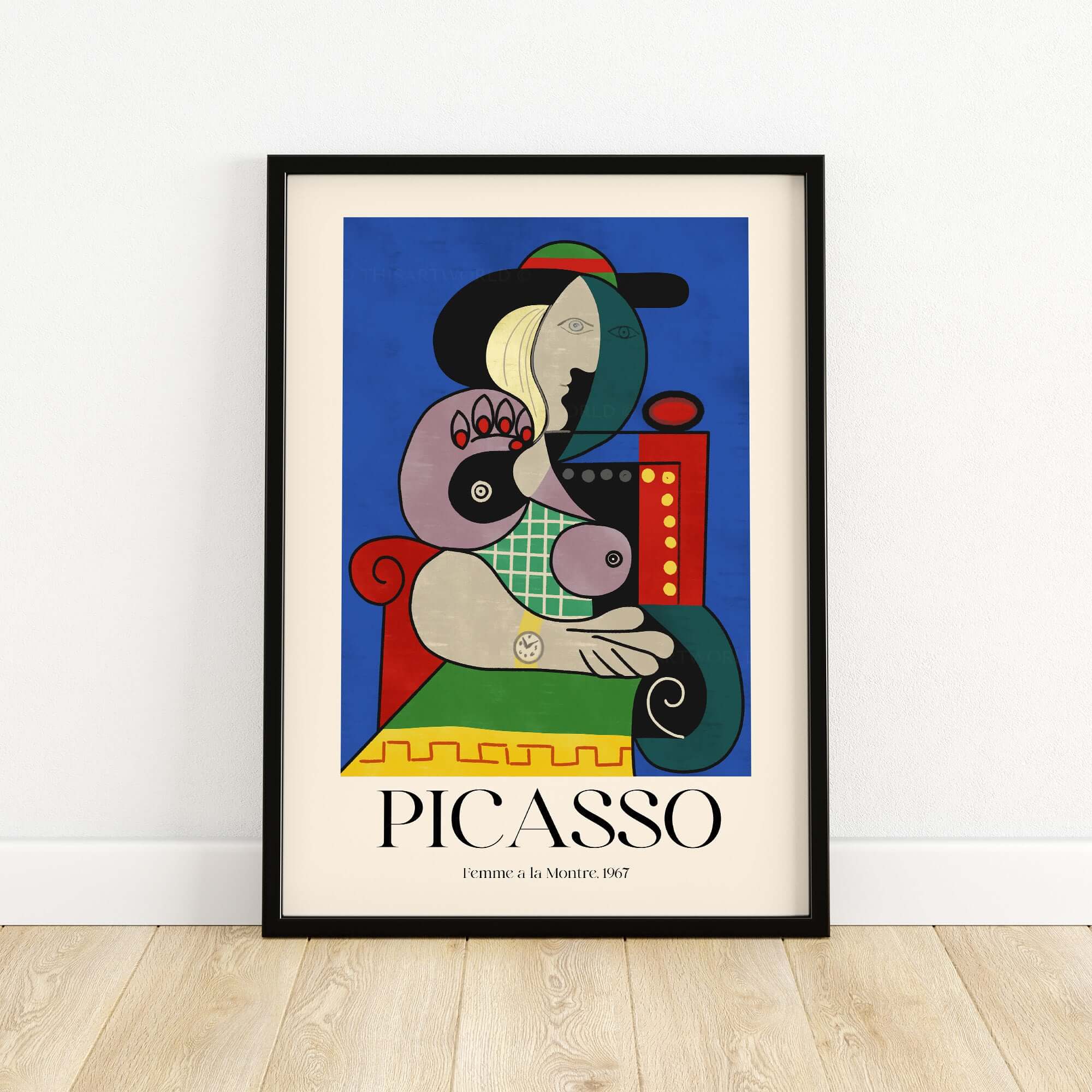 Picasso Femme a la Montre Woman Watch 1967 Art Print Cubist Poster Colorful Wall Art displayed in a black frame.