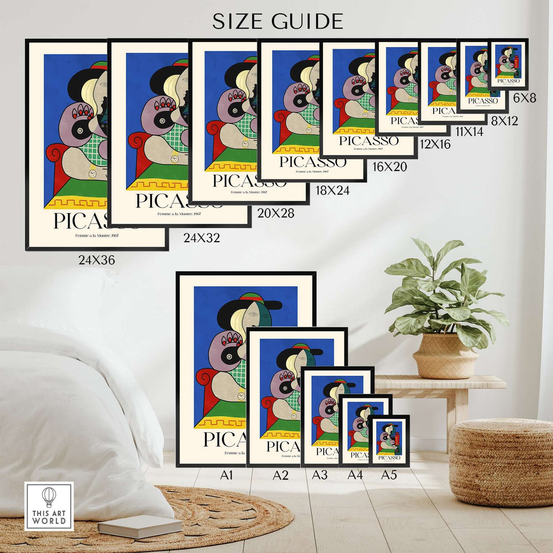 Size guide for Picasso Femme à la Montre wall art prints in various dimensions on display.