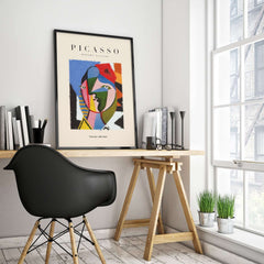 Picasso Geometric Face Abstract Art Print Colorful Cubist Portrait Poster Artwork Collection displayed in modern workspace