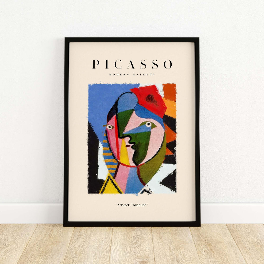 Colorful Picasso-inspired geometric face abstract art print framed in black, featuring vibrant shapes and modern design.