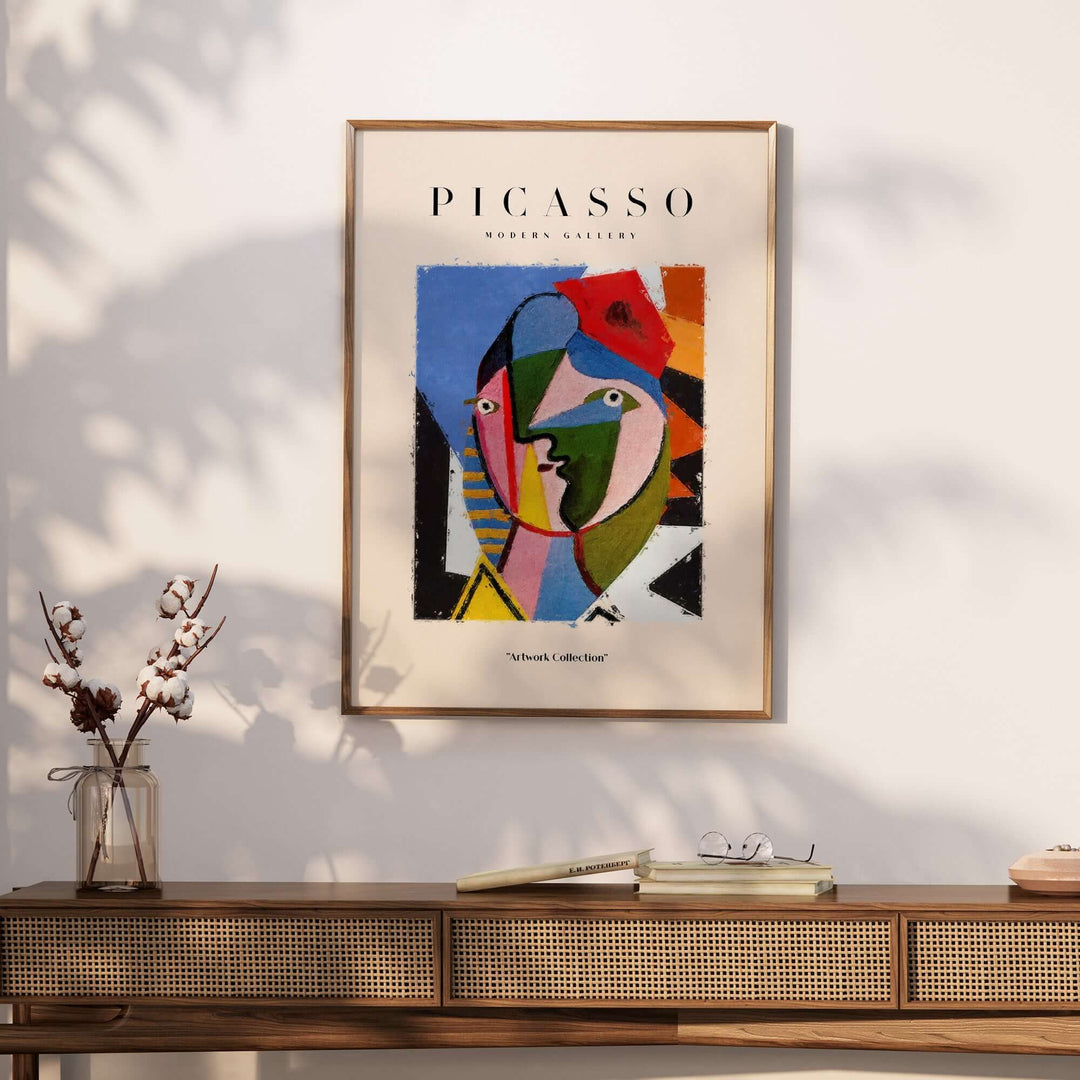 Colorful Picasso geometric face abstract art print poster in modern decor setting showcasing vibrant cubist style.