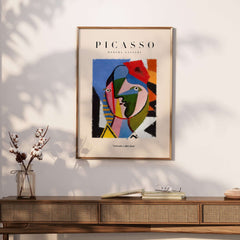 Picasso Geometric Face Abstract Art Print Colorful Cubist Portrait Poster Artwork Collection displayed in modern decor.