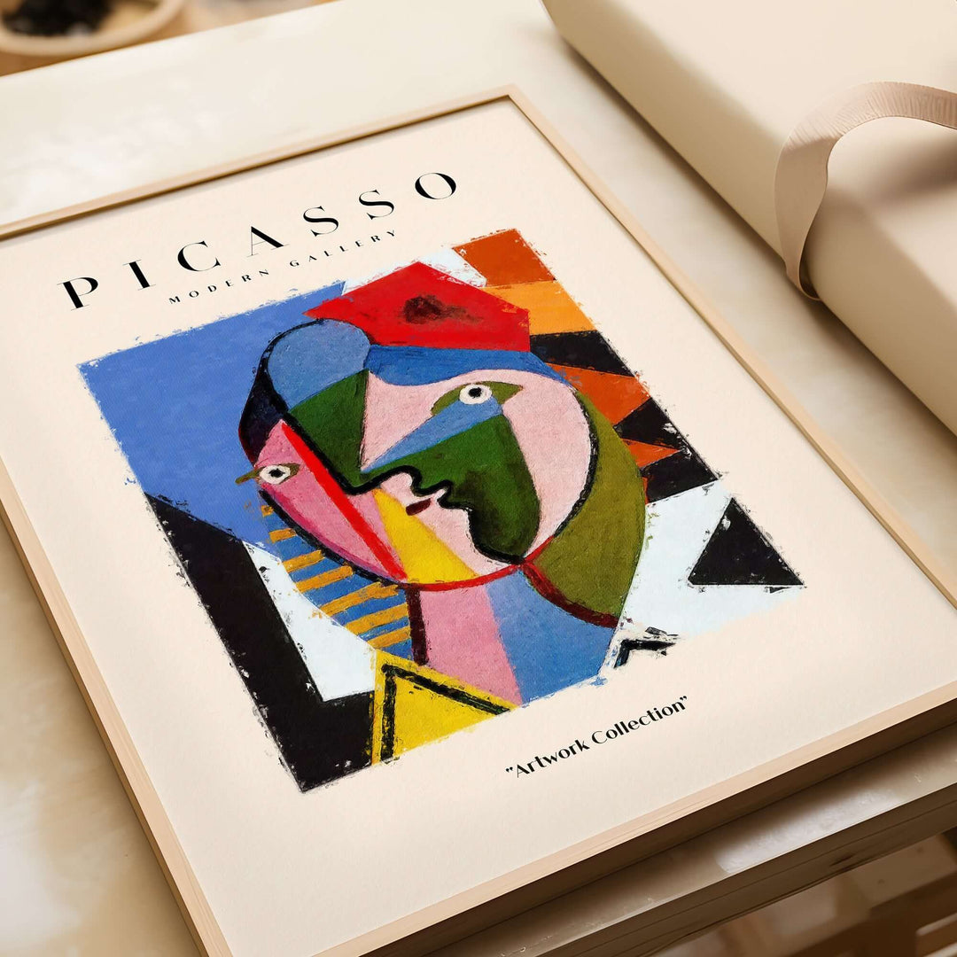 Colorful geometric face abstract art print inspired by Picasso in a modern frame from the Artwork Collection