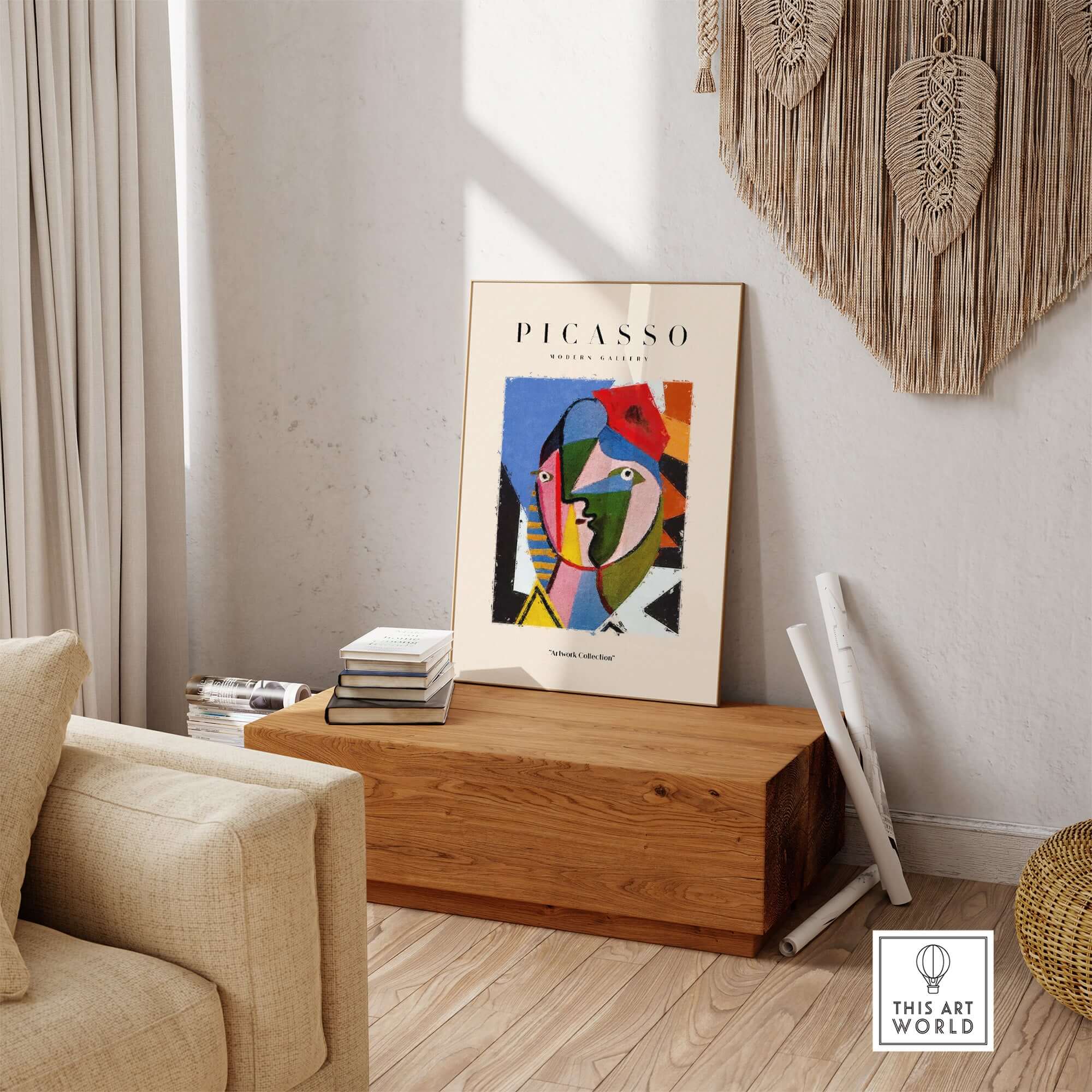 Picasso Geometric Face Abstract Art Print Colorful Cubist Portrait Poster Artwork Collection displayed in a modern interior.