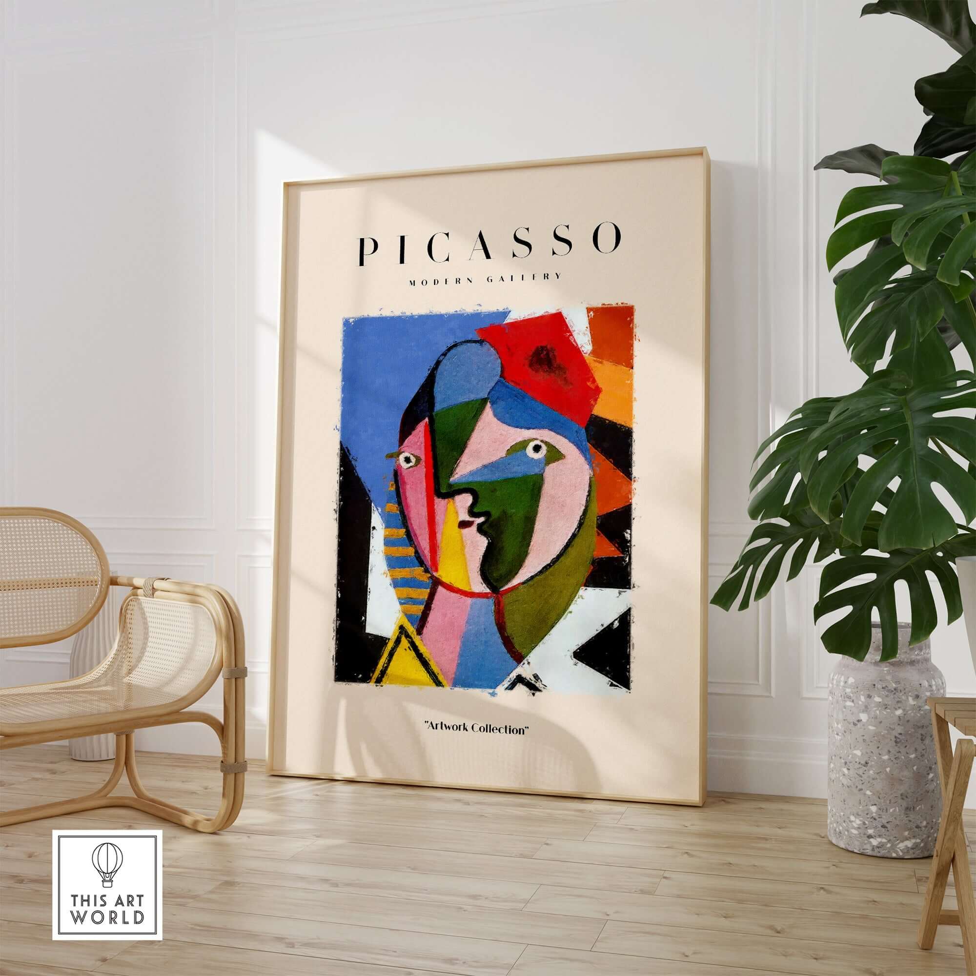 Picasso Geometric Face Abstract Art Print Colorful Cubist Portrait Poster Artwork Collection in stylish modern interior.