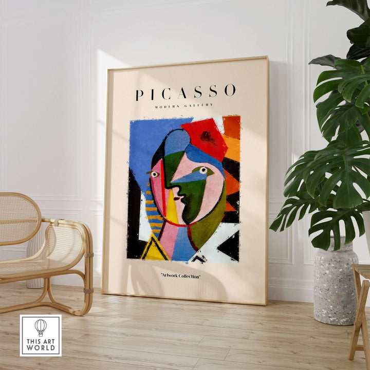 Colorful cubist abstract art print featuring a geometric face in a stylish interior setting.