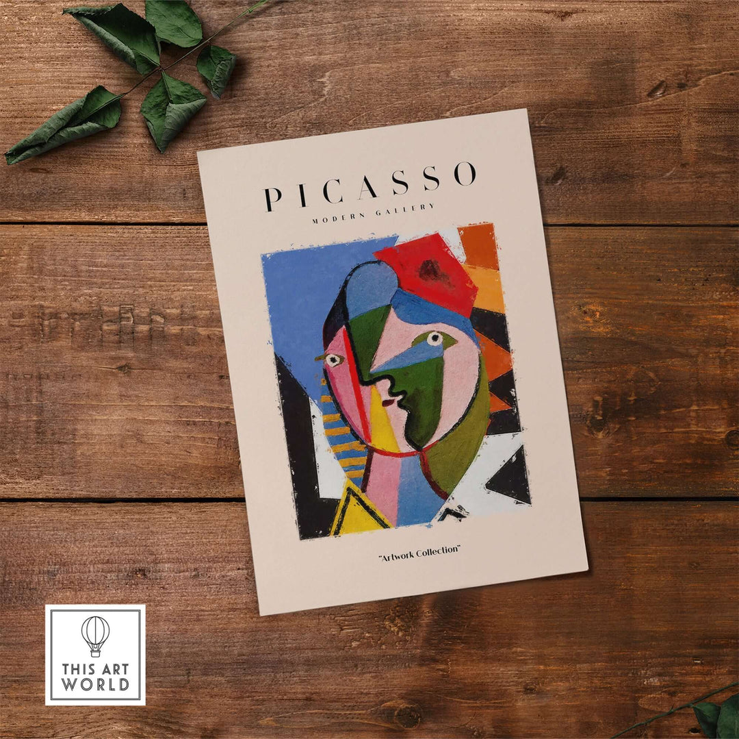 Picasso-inspired colorful geometric face abstract art print on a rustic wooden background.