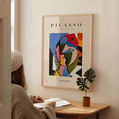 Picasso Geometric Face Abstract Art Print Colorful Cubist Portrait Poster Artwork Collection displayed in a modern room.