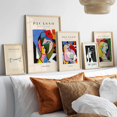 Picasso Geometric Face Abstract Art Print Colorful Cubist Portrait Poster Artwork Collection displayed on modern wall decor.