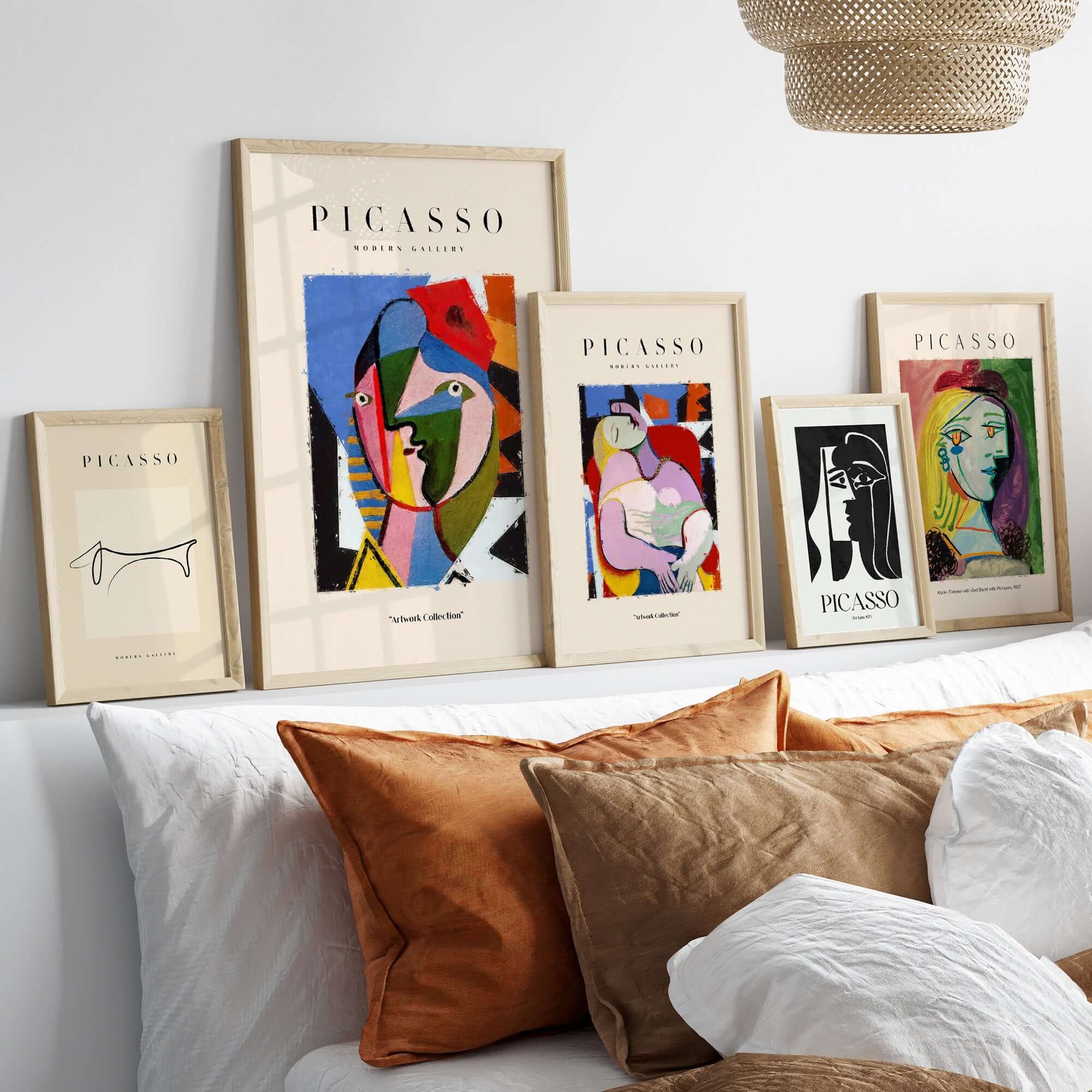 Picasso Geometric Face Abstract Art Print Colorful Cubist Portrait Poster Artwork Collection displayed on modern wall decor.