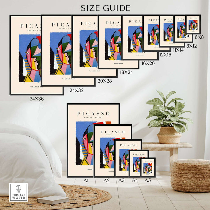 Size guide for Picasso geometric face abstract art prints in various frame sizes for home decor.