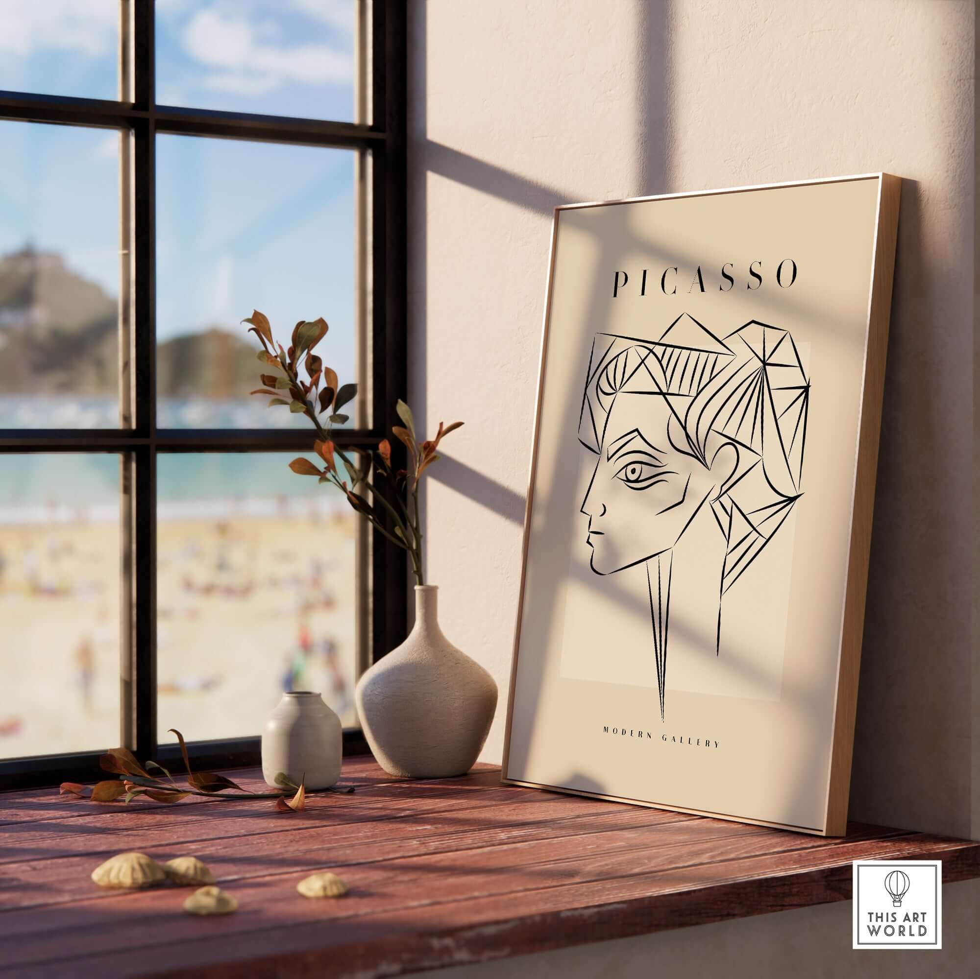 Picasso Geometric Profile Head Line Art Angular Abstract Poster Modern Gallery Print displayed in a bright interior.