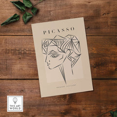 Picasso Geometric Profile Head Line Art Angular Abstract Poster Modern Gallery Print displayed on wooden background.